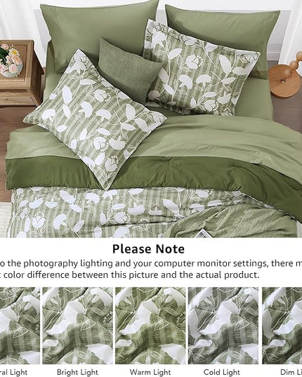 King Comforter Set -7 Pieces Olive Green Floral Comforter Set for All Seasons, Bed in a Bag King with Botanical Flowers Comforter, Sheets, Pillowcases & Shams