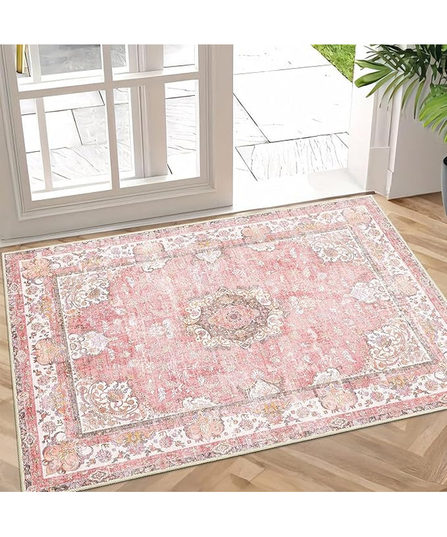 Small Rugs 2'x3',Pink Rug for Entryway Bathroom Kitchen Entrance Doormat,Boho Vintage Bohemian Distressed Washable Accent Indoor Mat Floor Throw Carpet Non Slip,Blush Floral Flowers