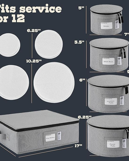 Hard Shell China Storage Containers 5-Piece Set Moving Boxes for Dinnerware, Glasses, Plates, Mugs and Saucers Sturdy Dish Organizer with Dividers for Seasonal Storage - Service for 12 - Gray