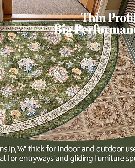jinchan Elora Floral Corner Rug for Entryway Washable Rug Vintage Romance Christmas Design Non Slip Quarter Circle Lightweight Low-Pile Throw Carpet for Playroom Reading Nook, 4ft Radius, Green