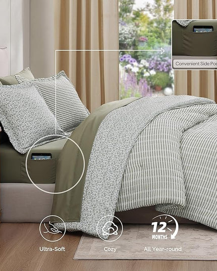 King Comforter Set - 7 Pieces Green Gauze Muslin Bedding Sets for All Seasons, Lightweight Breathable Bed in a Bag King with Revesible Farmhouse Comforter, Sheets, Pillowcases & Shams