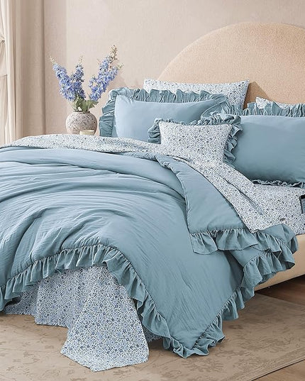 Queen Comforter Set - 7 Pieces Ruffle Blue Bedding Sets, Shabby Chic Farmhouse Bed in a Bag Queen with Ruffle Comforter, Floral Sheets, Pillowcases & Shams
