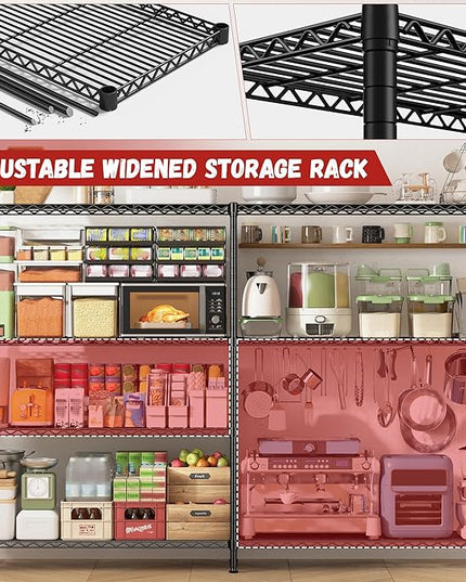 REIBII 69.8" W Storage Shelves 1250LBS Wire Shelving Unit 4 Tier Metal Shelving for Storage Rack Shelves Adjustable Heavy Duty Garage Shelf Pantry Shelves Kitchen Shelving, 69.8"Wx15.8"Dx62.9"H,Black