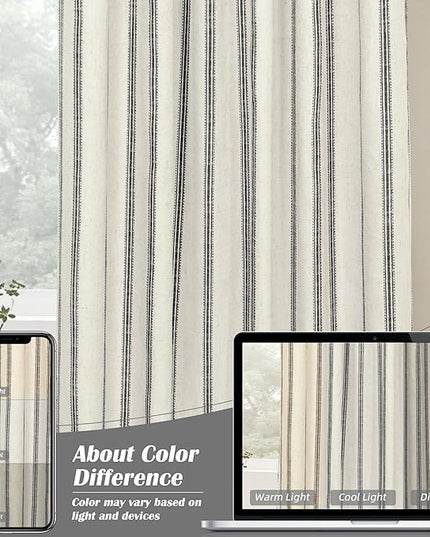 DriftAway Farmhouse Linen Blend Blackout Curtains 84 Inches Long for Bedroom Vertical Striped Printed Linen Curtains Thermal Insulated Lined Treatments for Living Room 2 Panels W52 x L84 Linen Black