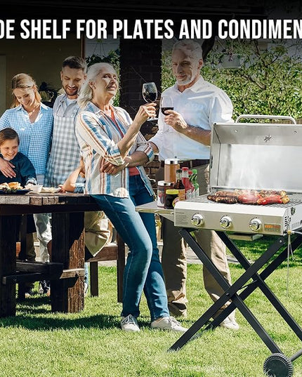 BBQ Gas Grill 3-Burner with Foldable Cart & Side Table, Portable Propane Grill with Lid for Outdoor Patio Backyard Barbecue Camping Tailgating RV Trip, Stainless Steel, GS308