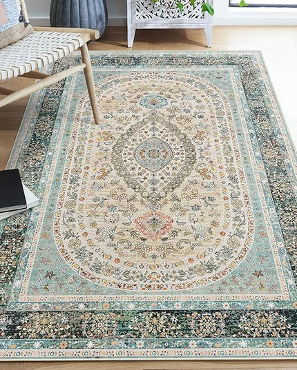 Blue Rug 4x6.5,Washable Area Rugs for Bedroom Living Room Kitchen Entryway,Small Boho Vintage Bohemian Distressed Oriental Non Slip Carpet,Floral