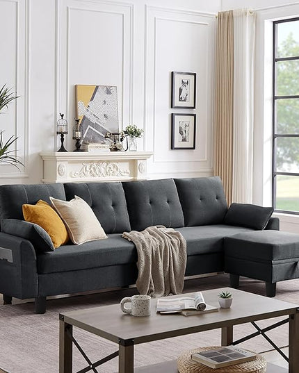 Convertible Sectional Sofa,Modern 4-Seat L Shaped Couch with Storage Ottoman,Linen Fabric Sofa Set for Living Room, Dark Gray