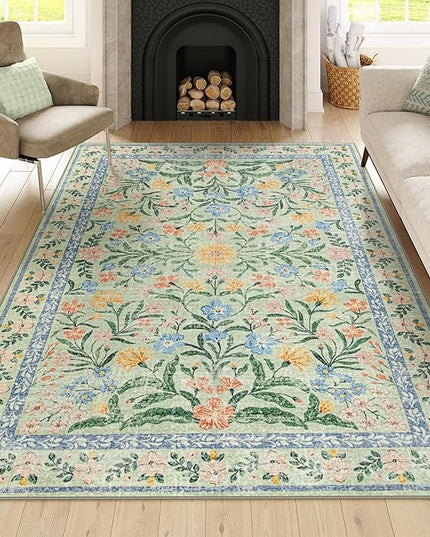 Wonnitar Washable Floral 6x9 Rug, Soft Green Area Rug Boho Non Slip Dining Room Carpet, Non-Shedding Flower Floor Carpets for Kids Bedroom Living Room Dorm Playroom
