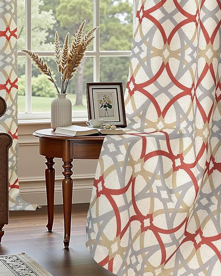 DriftAway Alexander 100% Blackout Curtains for Living Room Linen Blend Pattern Match Thermal Insulated Room Darkening Geo Moroccan Mid Century Back Tab Bedroom Drapes 2 Panels 52 x 84 Inch Linen Red