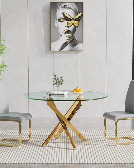 HomVent Round Glass Dining Table Set for 2, 3-Piece Modern Kitchen Table Set with 2 PU Upholstered Chair for Kitchen Dining Room, Glass Dining Room Table Set