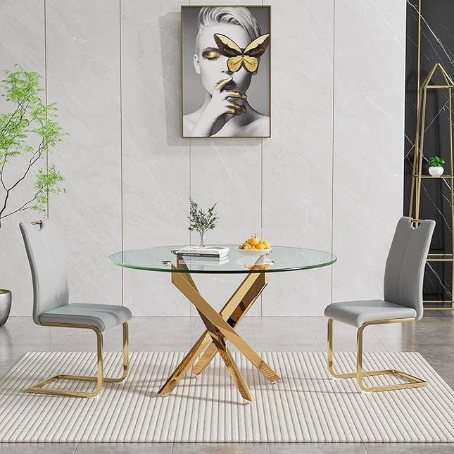 HomVent Round Glass Dining Table Set for 2, 3-Piece Modern Kitchen Table Set with 2 PU Upholstered Chair for Kitchen Dining Room, Glass Dining Room Table Set