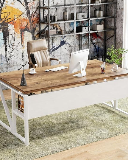 Tribesigns 63 inches Computer Desk with Bottom Storage Shelf Home Office Desk Writing Table for Workstation,Dark Walnut + Steel Leg， Cabinet not Included (Light Walnut, 63-inch-with Shelf)