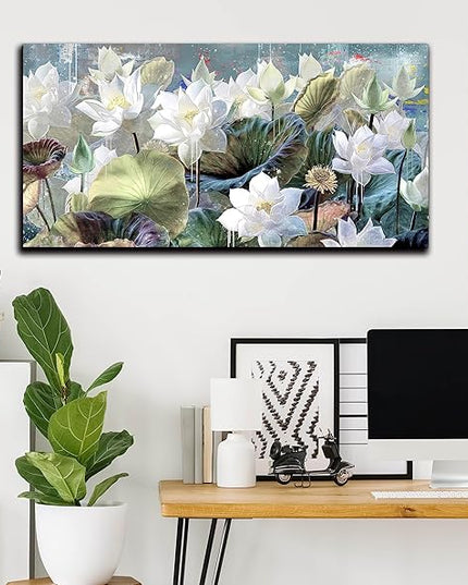 GUGIKA Flower Wall Art for Living Room, White Lotus Canvas Print Painting, Floral Picture Decor for Bedroom, Large Size 59x29 Inches
