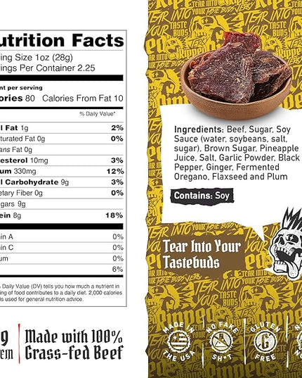 Ripped Beef Jerky - 100% Grass Fed Beef, 20g Protein, Real Ingredients, Gluten Free, No MSG, Made in USA (Pack of 3, Pineapple)
