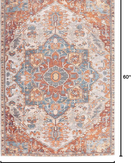 GLN Rugs Traditional Collection - Machine Washable Area Rug, Traditional Washable, Non Slip, Low Pile Chenille Rug, Living Room, Bedroom, Kitchen Rug (3'x5' Cream/Terra)