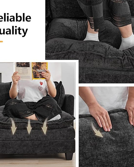 137'' V Shaped Cloud Sectional Sofa, Oversized Deep Seat Couches for Living Room, Chenille Comfy Upholstered Modular Sectional Sofa Couch with 2 Movable Ottoman, Dark Grey