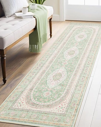 Washable Runner Rug 2x8,Green Rug Runners Non Slip,Long Boho Rugs for Hallways Kitchen Bedroom Entryway Living Room Bathroom,Vintage Bohemian Distressed Oriental Floor Carpet,Sage Blush Floral
