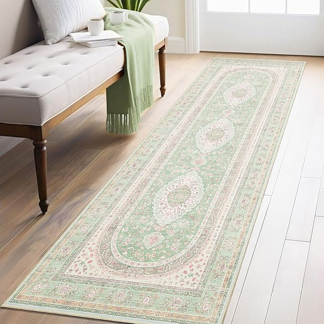 Washable Runner Rug 2x8,Green Rug Runners Non Slip,Long Boho Rugs for Hallways Kitchen Bedroom Entryway Living Room Bathroom,Vintage Bohemian Distressed Oriental Floor Carpet,Sage Blush Floral