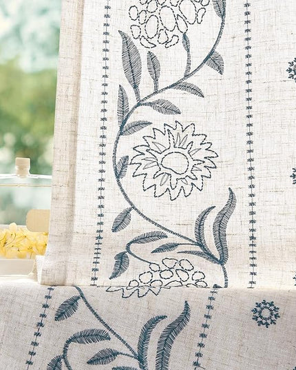 jinchan Winslow Linen Curtains 45 Inch Length Small Window Curtains Embroidered Bordered Floral Drapes Light Filtering for Bathroom Laundry Room Kitchen Farmhouse Decor Blue on Beige 2 Panels