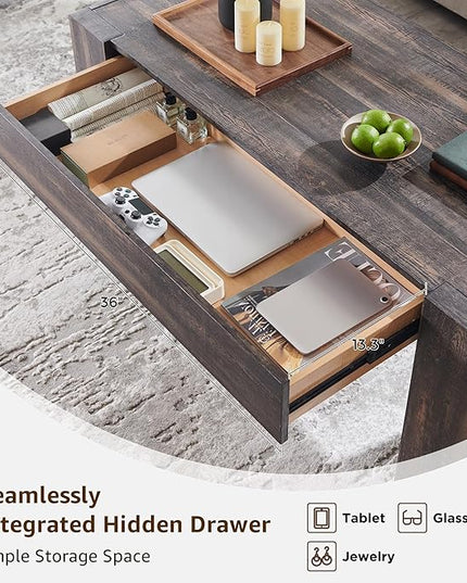 OKD 48" Modern Farmhouse Coffee Table, Wooden Living Room Table with Hidden Storage Drawer, Rustic Rectangular Center Tables w/Wood Thick Design for Living Room, Office, Dark Rustic Oak