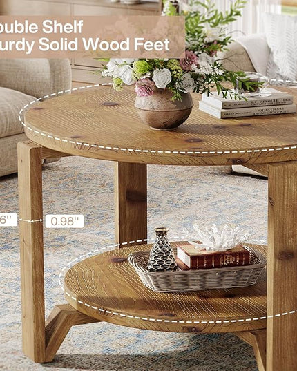 30" Solid Wood Coffee Table, Round Small Coffee Table with 2-Tier Storage for Living Room, Farmhouse Circle Center Accent, Brown Round Solid Wood with Natural Texture Design