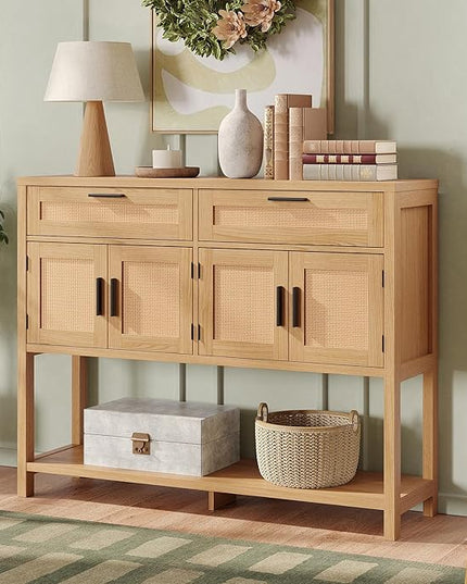 Maupvit Entryway Console Table with Large Storage Space, Sofa Table with Rattan Cabinet Doors, Buffet Table for Living Room, Hallway, Foyer Furniture for Home Decor, Nature Wood Color
