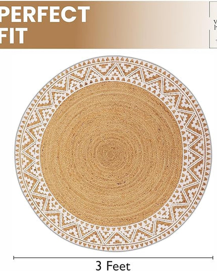 voyzz home Premium Natural Jute Braided Area Rug, 3-feet Round, White Printed Border, Stain Resistance, Natural Handmade Rug for Entryways, Living Room, Dining Room, Bedroom, Farmhouse, Kitchen