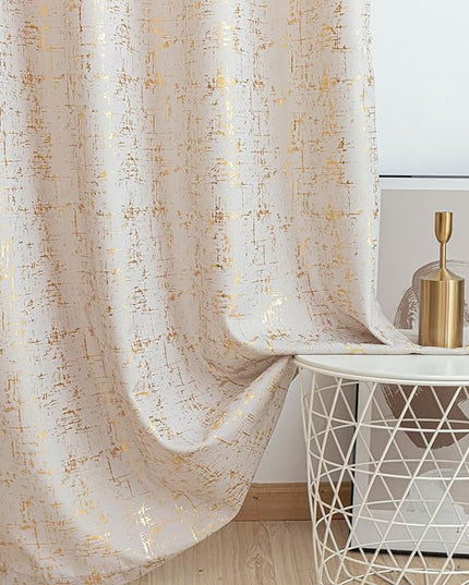 Taisier Home Gold Foil Print Linen Textured Curtains - Geometric Dots Pattern Design for Nursery, Toy Room - Thermal Insulated Window Treatment, 2 Panels, 54" L, Beige and Gold
