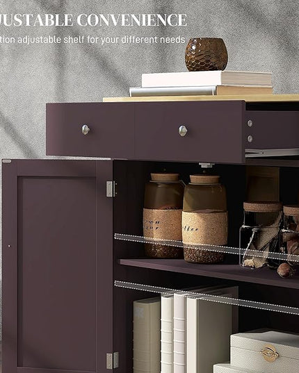 HOMCOM Sideboard with Solid Wood Countertop, Modern Kitchen Storage Cabinet, Coffee Bar Cabinet with 2 Drawers, Doors and Adjustable Shelf, Coffee