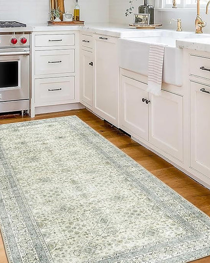ReaLife Rugs Machine Washable Area Rug Runner - Living Room Bedroom Bathroom Kitchen Entryway Office - Padded Low Pile Stain Resistant Premium - Boho Farmhouse Vintage - BEV - Green 2'6" x 6'