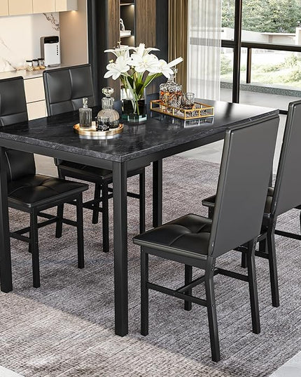 Hooseng Dining Table Set for 4, Modern Faux Marble Kitchen Table with 4 PU Leather Chairs, 5-Piece Small Dining Room Table Set for Dinette, Breakfast Nook, Black