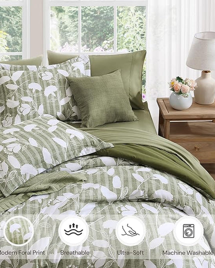 King Comforter Set -7 Pieces Olive Green Floral Comforter Set for All Seasons, Bed in a Bag King with Botanical Flowers Comforter, Sheets, Pillowcases & Shams