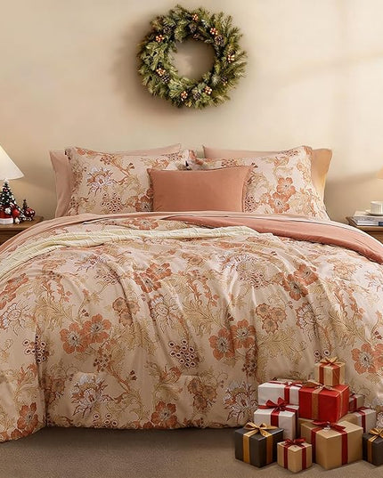 Queen Comforter Set -7 Pieces Terrecotta Floral Comforter Set for All Seasons, Bed in a Bag Queen with Botanical Flowers Comforter, Sheets, Pillowcases & Shams
