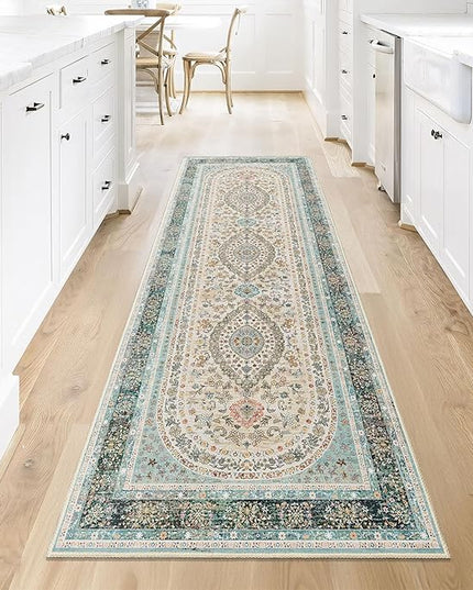 Washable Runner Rug 2x8,Blue Rug Runners Non Slip,Long Boho Rugs for Hallways Kitchen Bedroom Entryway Living Room Bathroom,Vintage Bohemian Distressed Oriental Floor Carpet,Floral