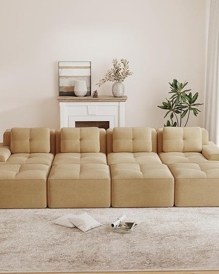 Hommoo Oversized Modular Sectional Sofa, 8 Seat Sleeper Sofa Bed, Comfy Corduroy Couch with Deep Seat, 153”Convertible Boneless Sofa with Ottoman for Living Room No Assembly Required Camel