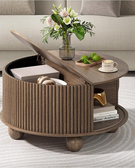 Round Coffee Table with Storage, 31.5" Circle Coffee Table with Sliding Door & Bun Feet, Fluted Center Table for Living Room, Home Small Space, Walnut