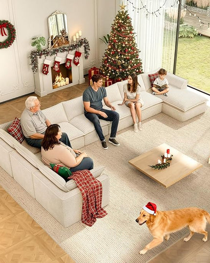 Vesgantti 141.7" Oversized Sectional Boneless Couch, Modern 7 Seater Modular Sofa with Chaise, Deep Seat Convertible Plush Corduroy Cloud Couches for Living Room, No Assembly Required, Beige