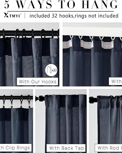 XTMYI Indigo Blue Curtains 108 Inches Long for Living Room 2 Panels Set Back Tab Hook Pleat Linen Extra Long Sheer Curtain Drapes for Dining Room,Total Wide 100 x 108 Inch Length,Dark Navy