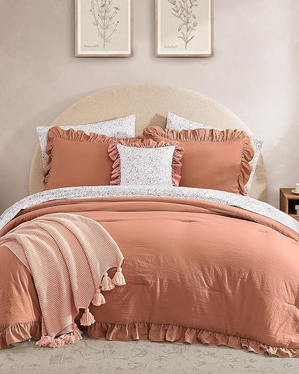 King Comforter Set - 7 Pieces Ruffle Autumn Leaf Bedding Sets, Shabby Chic Farmhouse Bed in a Bag King with Ruffle Comforter, Floral Sheets, Pillowcases & Shams