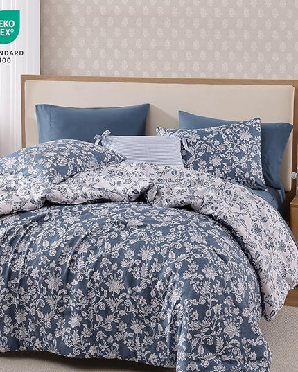 Full Comforter Set -7 Pieces Floral Oxford Blue Comforter Set for All Seasons, Bed in a Bag Full with Botanical Flowers Comforter, Sheets, Pillowcases & Shams
