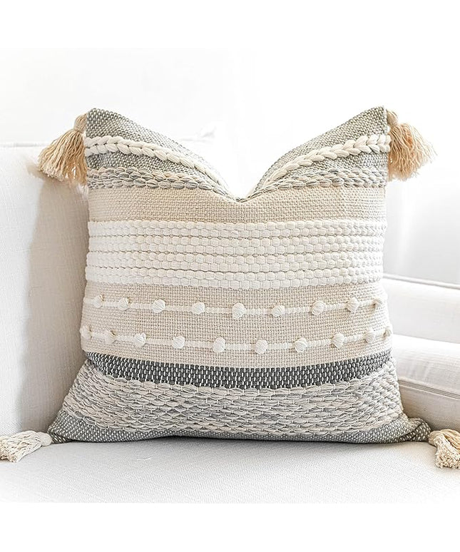 BlissBlush Gray Boho Throw Pillow Cover 20x20 Grey Decorative Accent Pillow for Couch Square Woven Textured Pillowcase Modern Farmhouse Pillow for Bed Bohemian Pillow Cover (Pack of 1)