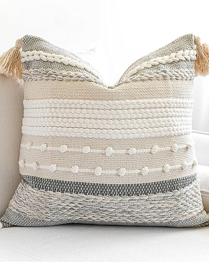 BlissBlush Gray Boho Throw Pillow Cover 22x22, Grey Decorative Accent Pillow for Couch, Square Woven Textured Pillowcase, Modern Farmhouse Pillow for Bed, Bohemian Pillow Cover (Pack of 1)