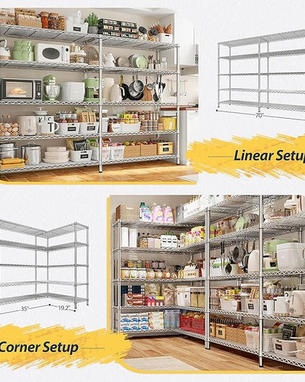 REIBII 70" W Wire Shelving Load 1500LBS, Metal Shelving 5-Tier Storage Shelves Metal Shelves for Storage Adjustable Shelving Rack for Pantry Kitchen Commercial School 70" W*15.8" D*72.4" H,Chrome
