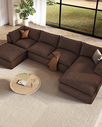 Vesgantti 141.7" U Shaped Boneless Sectional Couch, Modern 6 Seater Modular Sofa with Chaise & Ottoman, Deep Seat Corduroy Cloud Couches for Living Room, No Assembly Required, Dark Brown