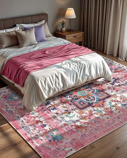 GLN Rugs Traditional Collection - Machine Washable Area Rug, Traditional Washable, Non Slip, Low Pile Chenille Rug, Living Room, Bedroom, Kitchen Rug (9'5"x12' Pink)