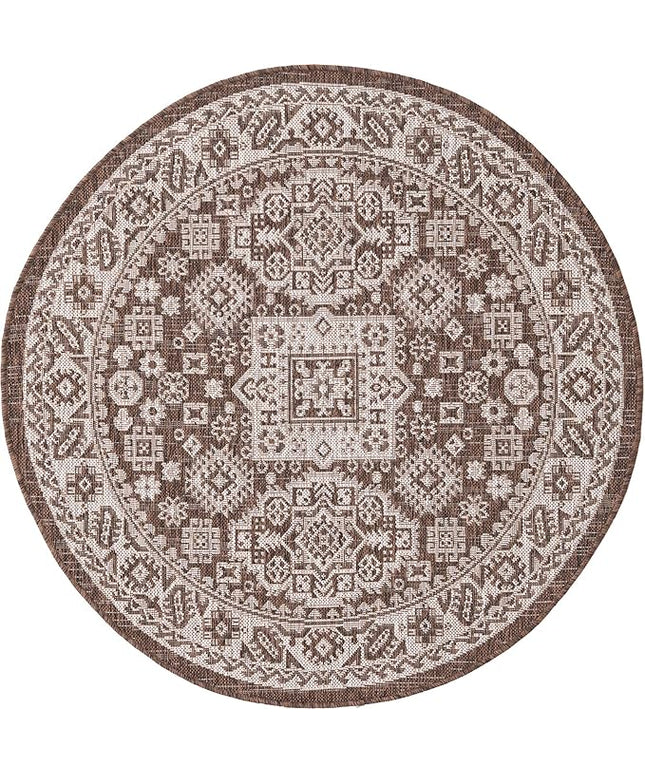 Rugs.com Outdoor Aztec Collection Rug – 4 Ft Round Brown Flatweave Rug Perfect for Kitchens, Dining Rooms