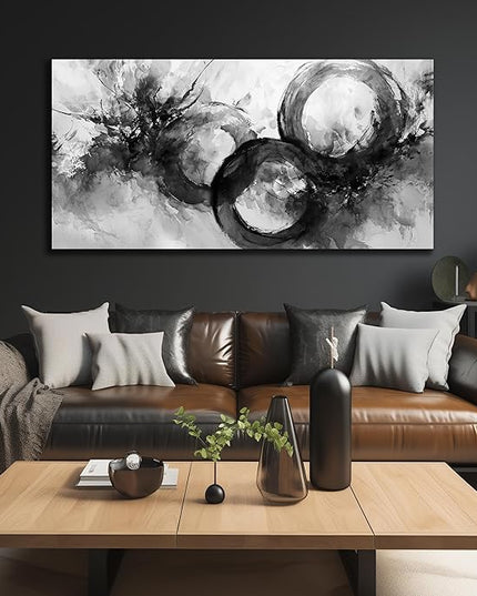 JuhaiArt White Wall Decor Art for Living Room Office Abstract Canvas Wall Art Black Circle Picture Art 29" x 59" Large Modern Poster Artwork