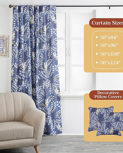 Maison d' Hermine Curtains for Living Room 100% Cotton 84 inch Length One Panel Light Filtering Curtains for Bedroom Windows with Rod and Loop Pockets Drapes (Feuillage Air Force Blue, 50" W x 84" L)