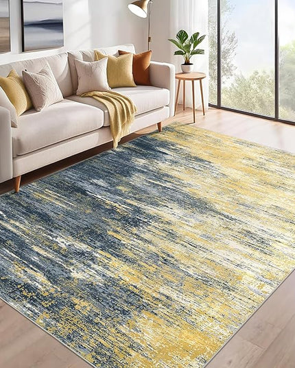 Modern Abstract Living Room Rug 8x10, Washable Area Rugs for Bedroom, Stain Resistant Non Slip Large Rug, Soft Indoor Carpet for Dining Room Table Home Decor, Yellow/Black
