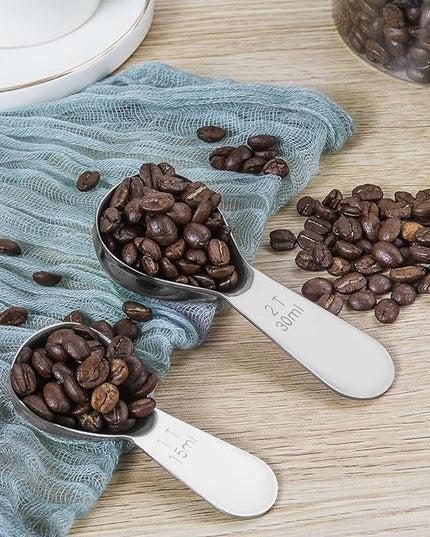 Stainless steel coffee scoop 2-piece set (1 tbsp, 2 tbsp) durable Tablespoon, ergonomic measuring spoon, Suitable for small and large jars，short-handled spoon (Silver)
